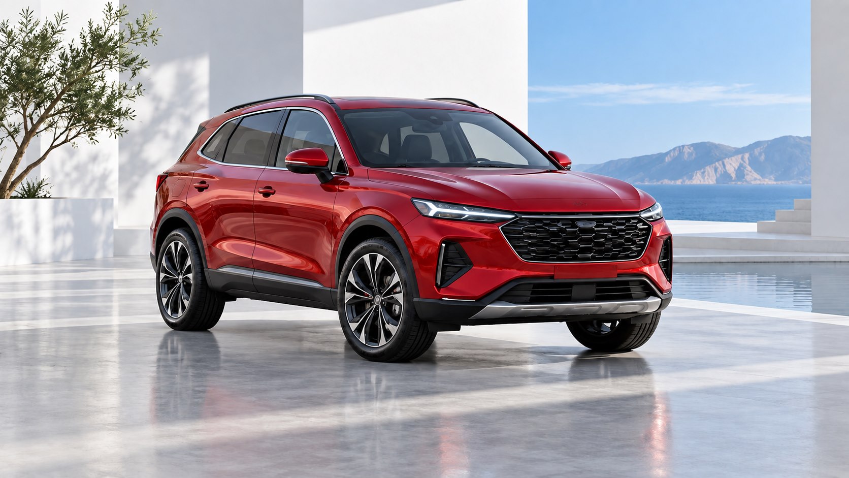 Modern red SUV in a bright studio